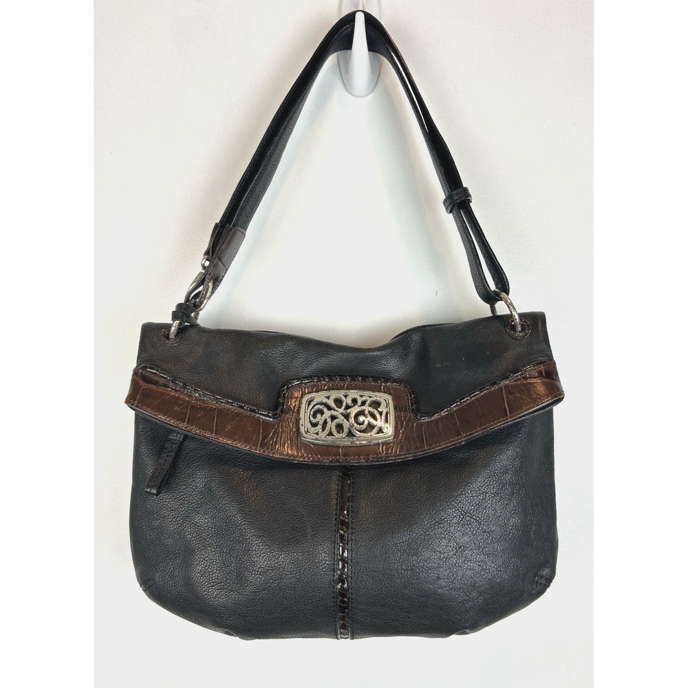 Vintage Brighton Purse Leather Black Embossed Croc Trim Shoulder Bag Fold Read